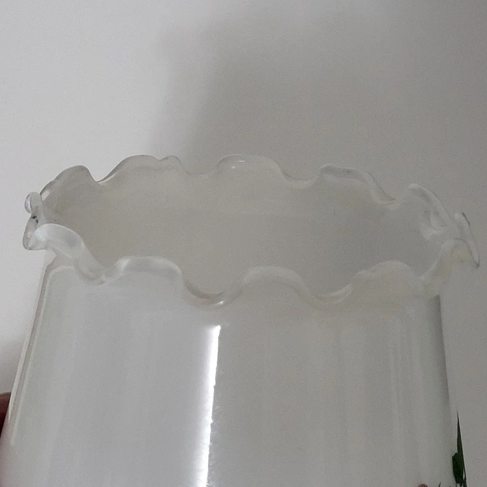 Vintage White Glass Lamp Shade With Floral Design & Ruffled Edge